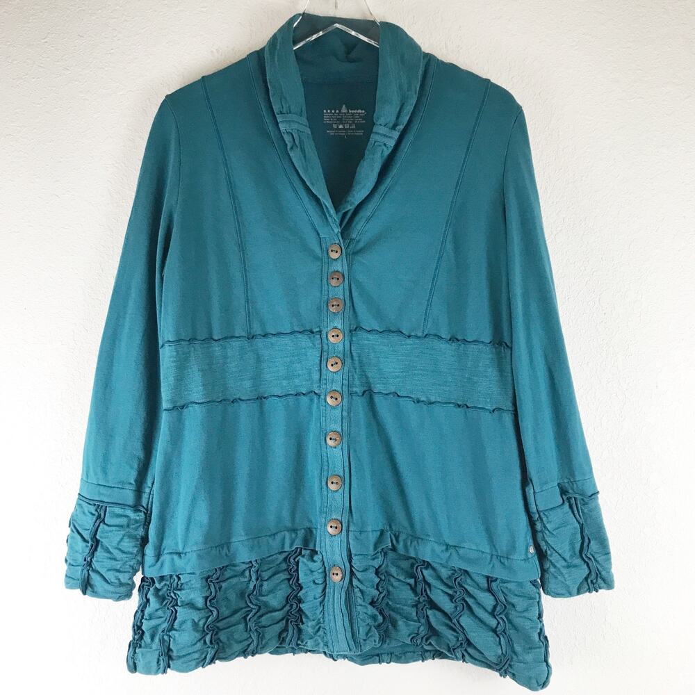 Neon Buddha Button Front Ruffle Trim Longline Lagenlook Cardigan Jacket Size L